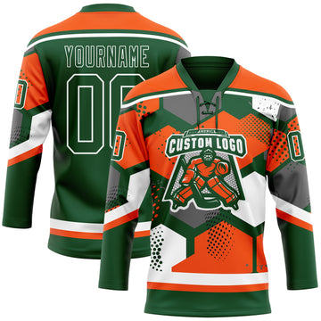 Custom Orange Green-White 3D Pattern Geometric Shape Hockey Lace Neck Jersey