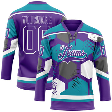 Custom Teal Purple-White 3D Pattern Geometric Shape Hockey Lace Neck Jersey