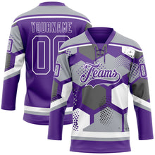 Загрузить изображение в средство просмотра галереи, Custom Gray Purple-White 3D Pattern Geometric Shape Hockey Lace Neck Jersey
