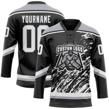 Load image into Gallery viewer, Custom Black White-Gray 3D Splash Art Hockey Lace Neck Jersey
