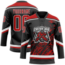 Load image into Gallery viewer, Custom Black Red-White 3D Splash Art Hockey Lace Neck Jersey
