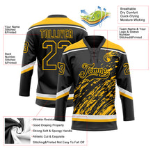 Load image into Gallery viewer, Custom Black Gold-White 3D Splash Art Hockey Lace Neck Jersey
