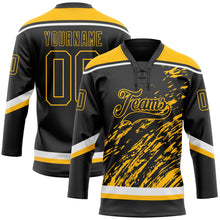 Load image into Gallery viewer, Custom Black Gold-White 3D Splash Art Hockey Lace Neck Jersey
