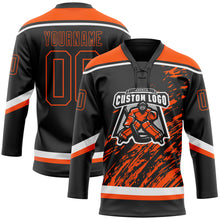 Load image into Gallery viewer, Custom Black Orange-White 3D Splash Art Hockey Lace Neck Jersey
