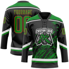 Load image into Gallery viewer, Custom Black Grass Green Orange-White 3D Splash Art Hockey Lace Neck Jersey
