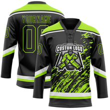 Load image into Gallery viewer, Custom Black Neon Green-White 3D Splash Art Hockey Lace Neck Jersey
