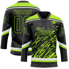 Load image into Gallery viewer, Custom Black Neon Green-White 3D Splash Art Hockey Lace Neck Jersey
