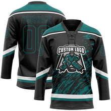 Load image into Gallery viewer, Custom Black Teal-White 3D Splash Art Hockey Lace Neck Jersey
