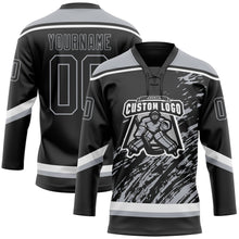 Load image into Gallery viewer, Custom Black Gray-White 3D Splash Art Hockey Lace Neck Jersey
