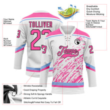 Load image into Gallery viewer, Custom White Pink Light Blue-Black 3D Splash Art Hockey Lace Neck Jersey
