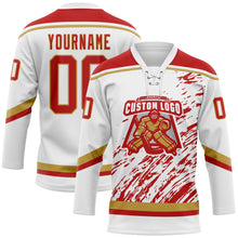 Load image into Gallery viewer, Custom White Red-Old Gold 3D Splash Art Hockey Lace Neck Jersey
