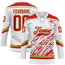Load image into Gallery viewer, Custom White Red-Old Gold 3D Splash Art Hockey Lace Neck Jersey

