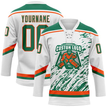 Load image into Gallery viewer, Custom White Kelly Green-Orange 3D Splash Art Hockey Lace Neck Jersey
