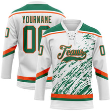 Load image into Gallery viewer, Custom White Kelly Green-Orange 3D Splash Art Hockey Lace Neck Jersey
