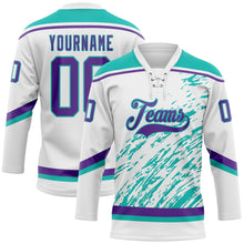 Load image into Gallery viewer, Custom White Purple-Aqua 3D Splash Art Hockey Lace Neck Jersey
