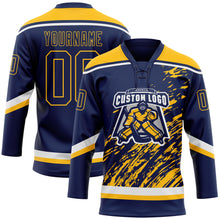 Загрузить изображение в средство просмотра галереи, Custom Navy Gold-White 3D Splash Art Hockey Lace Neck Jersey
