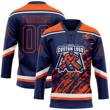 Загрузить изображение в средство просмотра галереи, Custom Navy Orange-White 3D Splash Art Hockey Lace Neck Jersey
