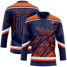 Загрузить изображение в средство просмотра галереи, Custom Navy Orange-White 3D Splash Art Hockey Lace Neck Jersey
