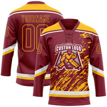 Load image into Gallery viewer, Custom Crimson Gold-White 3D Splash Art Hockey Lace Neck Jersey
