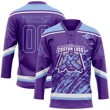 Load image into Gallery viewer, Custom Purple Light Blue-White 3D Splash Art Hockey Lace Neck Jersey
