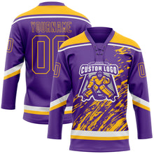 Load image into Gallery viewer, Custom Purple Gold-White 3D Splash Art Hockey Lace Neck Jersey
