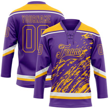 Load image into Gallery viewer, Custom Purple Gold-White 3D Splash Art Hockey Lace Neck Jersey
