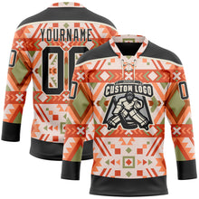 Laden Sie das Bild in den Galerie-Viewer, Custom Cream Black-Orange 3D Pattern Native Americans Tribal Indigenous People Hockey Lace Neck Jersey
