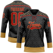Загрузить изображение в средство просмотра галереи, Custom Black Red-Old Gold 3D Pattern Native Americans Tribal Indigenous People Hockey Lace Neck Jersey
