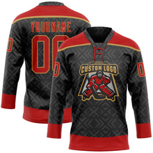 Load image into Gallery viewer, Custom Black Red-Old Gold 3D Pattern Native Americans Tribal Indigenous People Hockey Lace Neck Jersey
