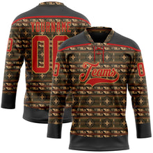 Load image into Gallery viewer, Custom Black Red-Old Gold 3D Pattern Native Americans Tribal Indigenous People Hockey Lace Neck Jersey
