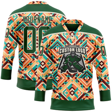 Custom Green Cream 3D Pattern Native Americans Tribal Indigenous People Hockey Lace Neck Jersey