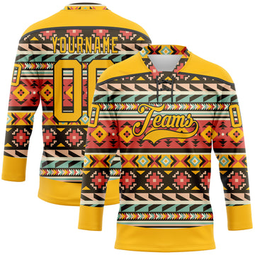 Custom Gold Black 3D Pattern Native Americans Tribal Indigenous People Hockey Lace Neck Jersey