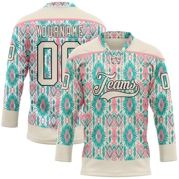Custom Cream Green Black-Medium Pink 3D Pattern Native Americans Tribal Indigenous People Hockey Lace Neck Jersey