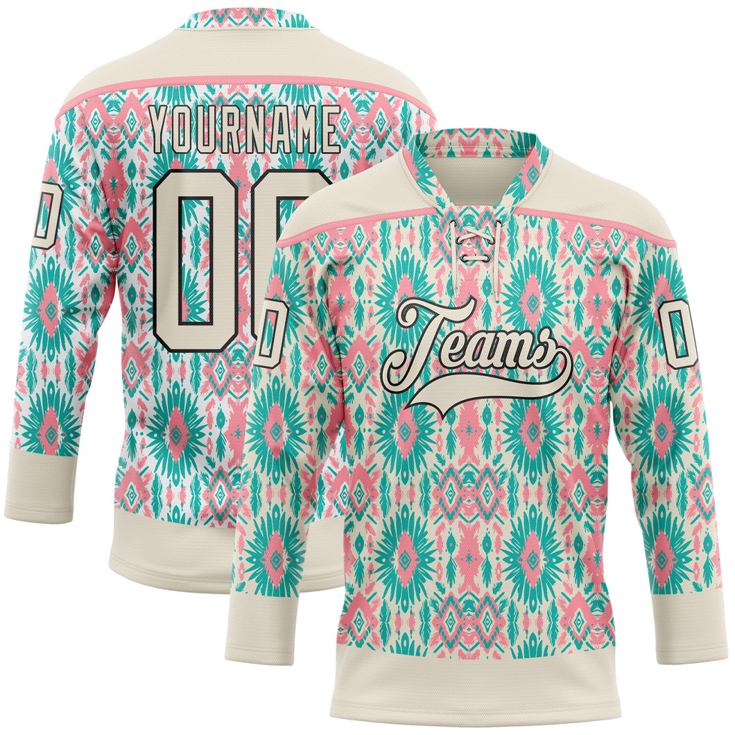 Custom Cream Green Black-Medium Pink 3D Pattern Native Americans Tribal Indigenous People Hockey Lace Neck Jersey