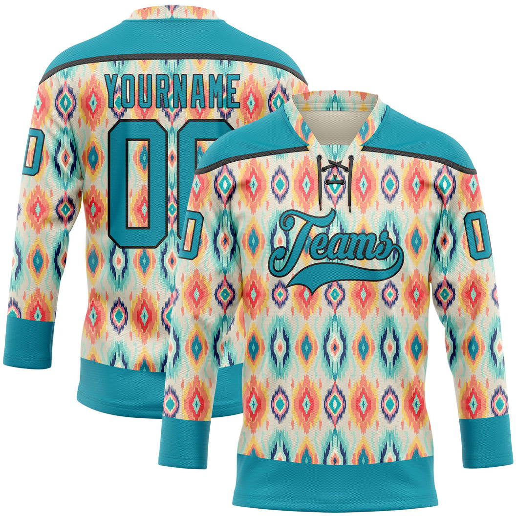 Custom Cream Teal Orange-Black 3D Pattern Native Americans Tribal Indigenous People Hockey Lace Neck Jersey