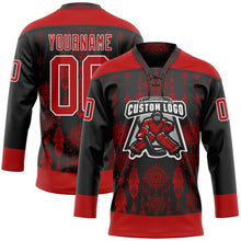 Load image into Gallery viewer, Custom Black Red-White 3D Pattern Native Americans Tribal Indigenous People Hockey Lace Neck Jersey

