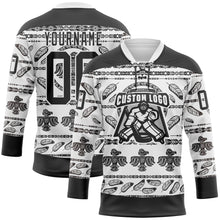 Load image into Gallery viewer, Custom White Black 3D Pattern Native Americans Tribal Indigenous People Hockey Lace Neck Jersey
