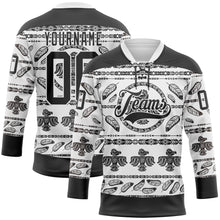 Load image into Gallery viewer, Custom White Black 3D Pattern Native Americans Tribal Indigenous People Hockey Lace Neck Jersey
