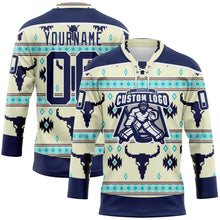 Загрузить изображение в средство просмотра галереи, Custom Cream Navy-White 3D Pattern Native Americans Tribal Indigenous People Hockey Lace Neck Jersey
