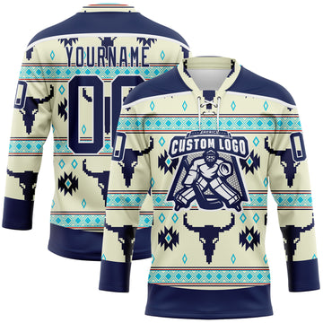 Custom Cream Navy-White 3D Pattern Native Americans Tribal Indigenous People Hockey Lace Neck Jersey