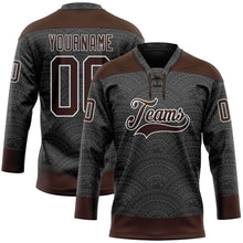 Load image into Gallery viewer, Custom Black Brown-White 3D Pattern Native Americans Tribal Indigenous People Hockey Lace Neck Jersey
