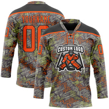 Load image into Gallery viewer, Custom Camo Orange-Black 3D Camouflage Grunge Leopard Hockey Lace Neck Jersey
