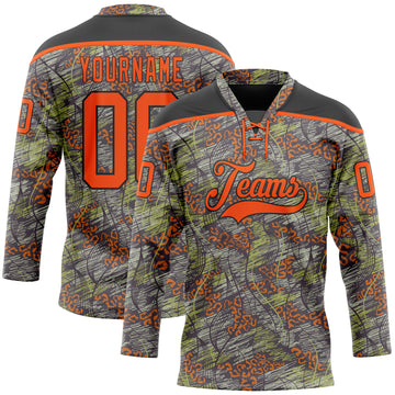 Custom Camo Orange-Black 3D Camouflage Grunge Leopard Hockey Lace Neck Jersey