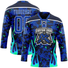 Load image into Gallery viewer, Custom Camo Thunder Blue Navy Green-White 3D Camouflage Flame Hockey Lace Neck Jersey

