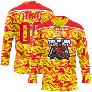 Custom Camo Fire Red Gold-White 3D Camouflage Hockey Lace Neck Jersey