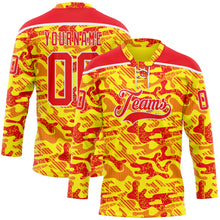 Charger l'image dans la galerie, Custom Camo Fire Red Gold-White 3D Camouflage Hockey Lace Neck Jersey
