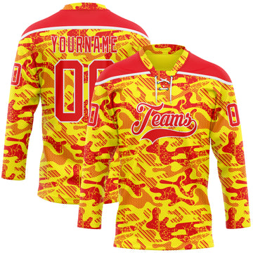 Custom Camo Fire Red Gold-White 3D Camouflage Hockey Lace Neck Jersey