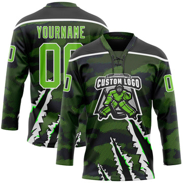 Custom Camo Aurora Green Black-White 3D Camouflage Claw Mark Hockey Lace Neck Jersey