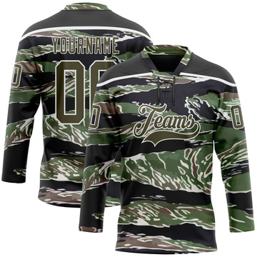 Custom Camo Olive Black-White 3D Camouflage Hockey Lace Neck Jersey