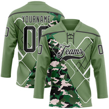 Load image into Gallery viewer, Custom Camo Black Green-White 3D Camouflage Geometric Hockey Lace Neck Jersey
